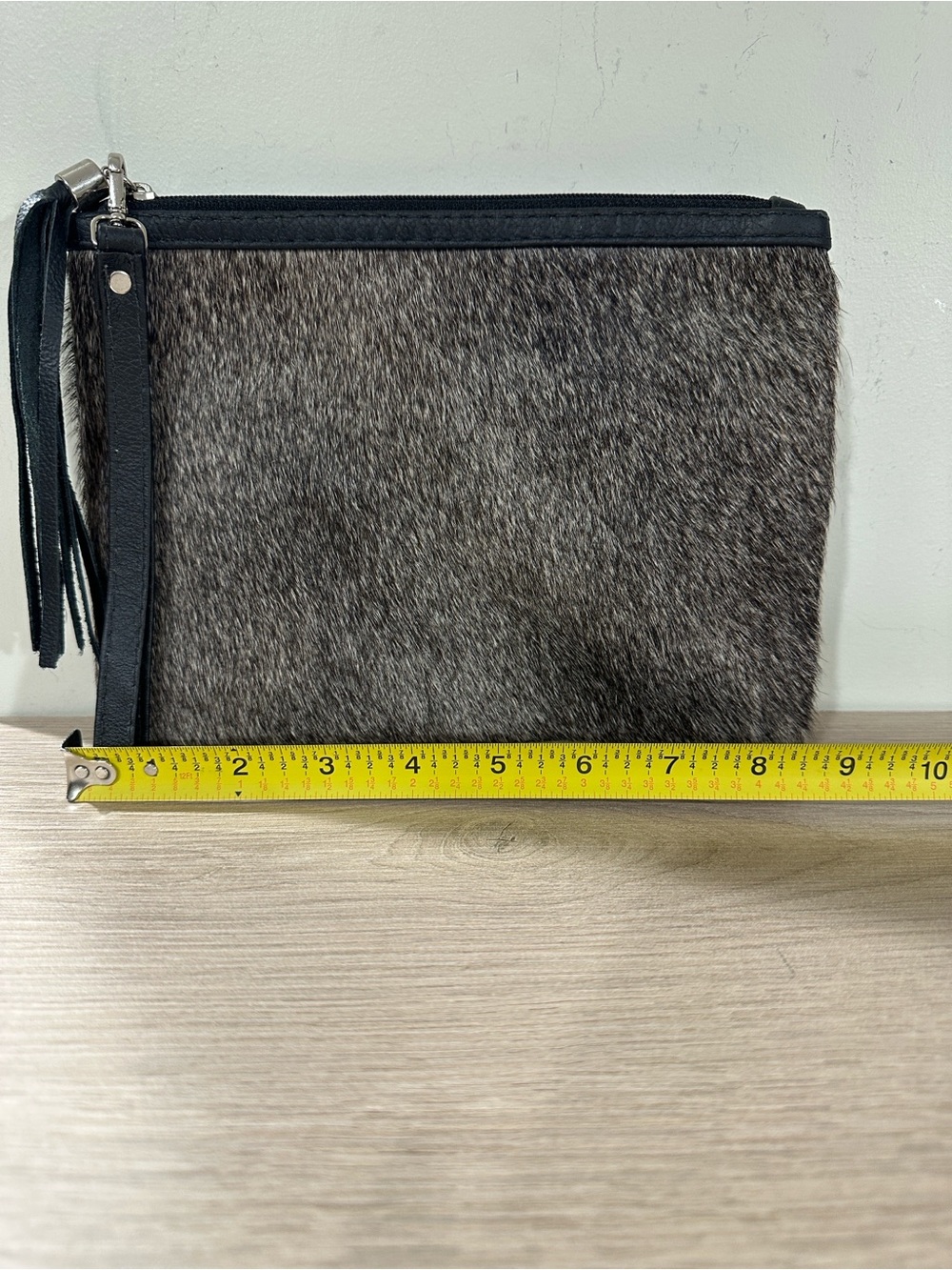 Gray Fur Wristlet Clutch with Black Trim